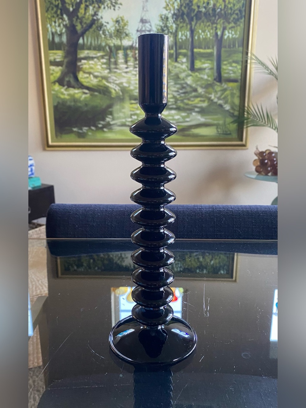 Stacked Black Opaque Borosilicate Glass Ribbed Spindle Candle Holder Vase 11”
